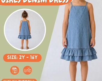 Girls Pinafore Dress Sewing Pattern, Denim Ruffle Dress PDF, Tiered Summer Dress Pattern, Sleeveless Kids Sewing Pattern