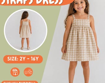 Girls Strappy Dress PDF Sewing Pattern, Gathered, Gingham, Woven,  2Y to 16Y