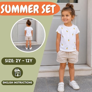 May include: A child's summer outfit comprising a white t-shirt with yellow pineapple patterns and beige shorts. The set, labelled "SUMMER SET", is available in sizes 2Y-12Y. The child is also wearing white trainers.