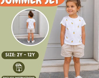 Kids Summer Set PDF Pattern Shorts and Tee Sewing Pattern, Toddler 2Y-24Y, Elastic Waist, Elastic Waistband, Pockets