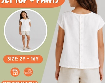 Girls Button Back Top, PDF Sewing Pattern, Linen Shirt , Girl's Blouse Pattern, Sizes 2Y to 16Y