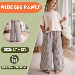 Peut inclure: Une petite fille porte un pantalon large à carreaux gris et blancs. Le pantalon est associé à un haut crème. L'image contient le texte "WIDE LEG PANTS", "SIZE: 2Y - 12Y" et "ENGLISH INSTRUCTIONS".