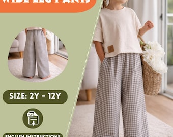 Children’s Wide Leg Pants Pattern, Elastic Waist, Pockets, PDF Sewing, Sizes 2Y to 12Y, Beginner Friendly