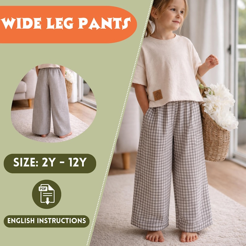Pode incluir: Uma menina usa cal&ccedil;as de perna larga com um padr&atilde;o xadrez cinza e branco. As cal&ccedil;as s&atilde;o combinadas com uma blusa creme. A imagem inclui o texto "WIDE LEG PANTS", "SIZE: 2Y - 12Y" e "ENGLISH INSTRUCTIONS".