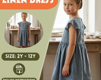 Linen Girls Dress Flutter Sleeve Cotton Summer Dress Button Back Kids, Gathered Skirt