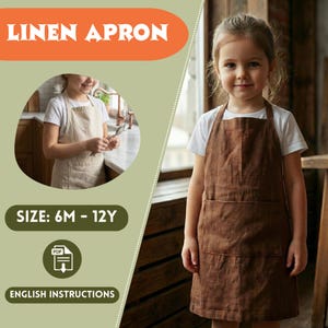 Pode incluir: Uma criança vestindo um avental de linho marrom com um grande bolso frontal. O avental está rotulado como "LINEN APRON" e "SIZE: 6M - 12Y". A imagem também inclui o texto "ENGLISH INSTRUCTIONS".
