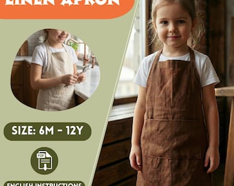 Apron Sewing Pattern for Kids, Linen Apron Pattern, Girls Pattern, Toddler Crossback Apron, Linen, Beginner, 6M-12Y