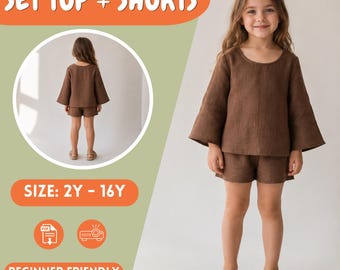 Girls Top and Shorts Sewing Pattern, Bell Sleeve PDF, Sizes 2Y-16Y