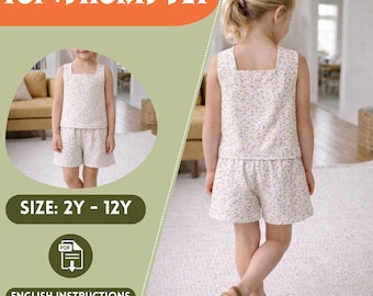 Girls Linen Top and Shorts Set Summer Outfit, PDF Sewing Pattern for Girls, Square Neck