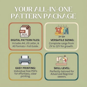 Pode incluir: Imagem com o texto &laquo;YOUR ALL-IN-ONE PATTERN PACKAGE&raquo;. Inclui &iacute;cones para arquivos de padr&otilde;es digitais, tamanhos vers&aacute;teis de 2Y a 12Y, impress&atilde;o f&aacute;cil e n&iacute;vel de habilidade para costureiros iniciantes avan&ccedil;ados.