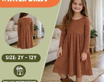 Midi Girls Dress PDF Pattern – Long Sleeve Sewing, Empire Waist, Tutorial for Sizes 2Y to 12Y