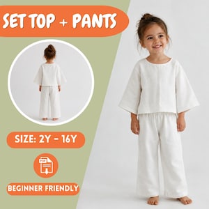 Può includere: Un set a due pezzi composto da un top bianco con maniche larghe e pantaloni abbinati a gamba larga. Il testo SET TOP + PANTS, SIZE: 2Y - 16Y e BEGINNER FRIENDLY è visibile. Un inserto circolare mostra la vista posteriore dell'outfit bianco.