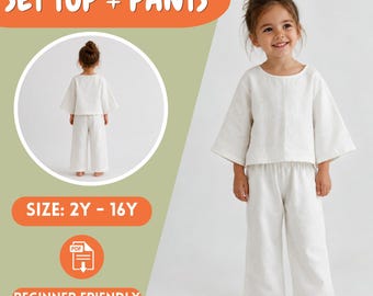 Girls Loose Outfit Sewing Pattern, Set Blouse and Wide Leg Pants PDF