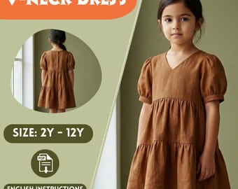 Girls V-Neck Tired Dress Sewing Pattern PDF – Bishop Sleeve gathered Dress, Sizes 2Y–12Y