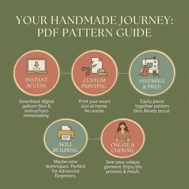 Pode incluir: Gr&aacute;fico com o texto "YOUR HANDMADE JOURNEY: PDF PATTERN GUIDE" e &iacute;cones circulares que ilustram as etapas: acesso instant&acirc;neo, impress&atilde;o personalizada, montagem e prepara&ccedil;&atilde;o, desenvolvimento de habilidades e criar e valorizar.