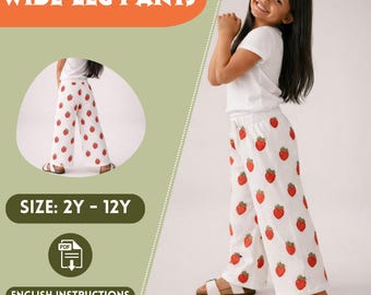 Strawberry Wide Leg Pants Sewing Pattern Girls Elastic Waist PDF 2Y 12Y