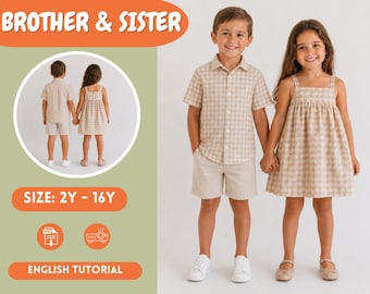 Matching Sibling Outfits Sewing Pattern PDF, Boys Shirt & Girls Dress, 2Y-16Y