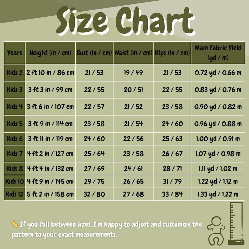 Pode incluir: Uma tabela de tamanhos de roupas infantis, com medidas em polegadas e cent&iacute;metros. A tabela inclui idade, altura, busto, cintura, quadris e rendimento do tecido. O texto "Size Chart" est&aacute; no topo.