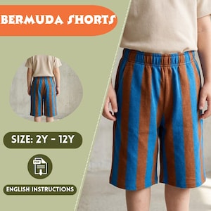 May include: Bermuda shorts with vertical brown and blue stripes. The shorts have an elasticated waistband and are shown on a child. The text "BERMUDA SHORTS" is at the top, and "SIZE: 2Y - 12Y" is below. The words "ENGLISH INSTRUCTIONS" are at the bottom.