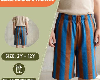 Kids Bermuda Shorts Sewing Pattern PDF: Elastic Waist Summer Shorts Boy, Pockets