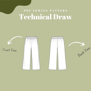 Pode incluir: Um desenho t&eacute;cnico de um par de cal&ccedil;as brancas de perna larga, mostrando as vistas frontal e traseira. O texto "PDF Sewing Pattern" e "Technical Draw" &eacute; exibido em uma fonte limpa sobre um fundo verde suave.