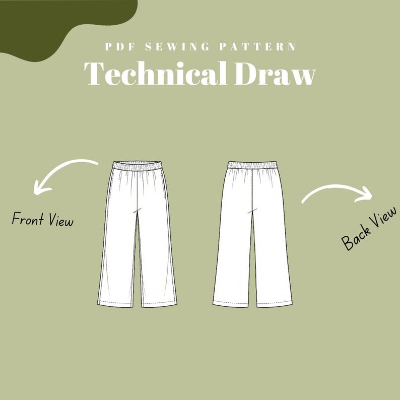 Pode incluir: Um desenho t&eacute;cnico de um par de cal&ccedil;as brancas de perna larga, mostrando as vistas frontal e traseira. O texto "PDF Sewing Pattern" e "Technical Draw" &eacute; exibido em uma fonte limpa sobre um fundo verde suave.
