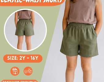 Girls Elastic Waist Shorts with Pockets, Linen,  PDF Sewing Pattern Sizes 2Y to 16Y