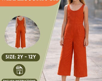 Linen Wide Leg Girls Jumpsuit – Sleeveless Minimalist Romper, Overalls, 2Y–12Y