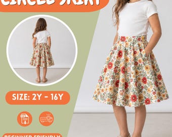 Girls Floral Circle Skirt Sewing Pattern PDF Sizes 2Y to 16Y