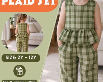 Girls Plaid Peplum Pants Set PDF Sewing Pattern – Sizes 2Y to 12Y