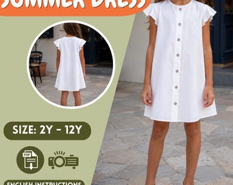 Girls Button Front Summer Dress Sewing Pattern, Sizes 2Y-12Y