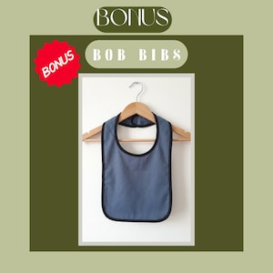 May include: A blue baby bib with black trim hangs on a wooden hanger. The bib is a solid color with a rounded neckline. The word "BONUS" is in a red starburst and above the bib. The words "BOB BIBS" are in a horizontal oval.