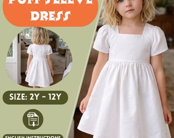 Girls White Cotton Puff Sleeve Dress Square Neck A Line Toddler Dress