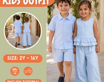 Kids Matching Outfit Sewing Pattern PDF: Shirt, Shorts, Ruffle Top, Wide Leg Pants