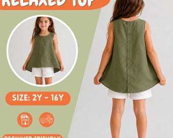 Girls Relaxed A-Line Button Back Top, PDF Sewing Pattern, Sizes 2Y to 16Y