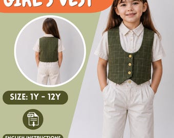 Girls Waistcoat Sewing Pattern, Button Front Vest PDF