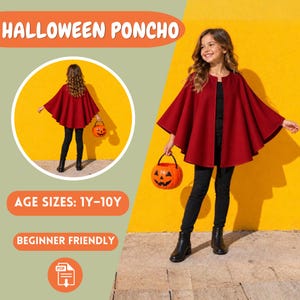 May include: A deep red Halloween poncho featuring a flared silhouette and open front design. The garment is shown in a main view and a circular inset view, paired with black trousers and a plastic orange jack-o'-lantern bucket for trick-or-treating.