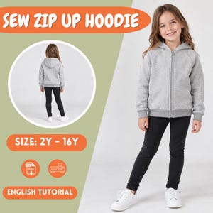 Kids Zip Up Hoodie Sewing Pattern PDF, Sizes 2Y–16Y