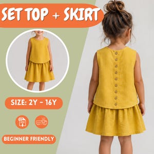 Girls Linen Top and Gathered Skirt PDF Sewing Pattern, Button Back Top