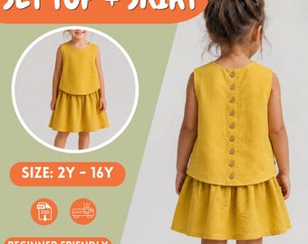 Girls Linen Top and Gathered Skirt PDF Sewing Pattern, Button Back Top