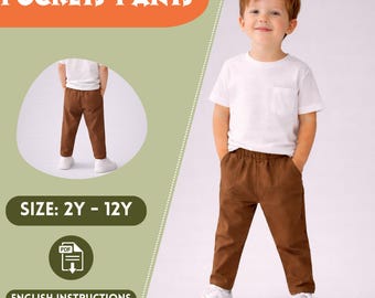 Boys Kids Pants Sewing Pattern – Patch Pockets, Elastic Waist, PDF Digital Download , Sizes 2Y to 12Y