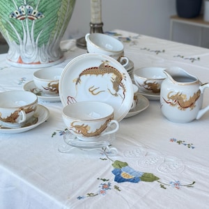 Vintage Japanse Dragonware-koffieset, lithofaangeishakopjes, halverwege de eeuw, gemaakt in Japan