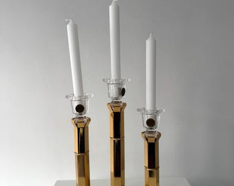 Set di 3 candelabri vintage italiani in cristallo, portacandele RCR color oro, stile Hollywood Regency, Italia