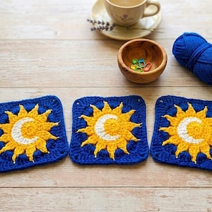 Crochet Sun & Moon Granny Sguare Crochet Pattern – Celestial Applique, Amigurumi Crochet PDF Tutorial( English pdf)