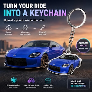 May include: A custom metal keychain shaped like a blue sports car, featuring a silver split ring and chain. The keychain displays a detailed miniature replica of a blue coupe with bronze wheels, matching the larger car shown in the background.