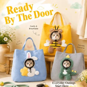 Può includere: Tre borse tote con personaggi animali in peluche: una borsa blu con un coniglio bianco, una gialla con un'ape marrone e una grigia con un dinosauro verde. Ogni borsa ha un'apertura circolare per un muso di gatto e il testo Ready By The Door.