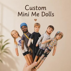 May include: Five custom fabric dolls with printed photographic faces and various outfits, including a white shirt, a grey shirt with a yellow strap, a black long-sleeve shirt, a grey long-sleeve shirt, and a floral print shirt. Text reads Custom Mini Me Dolls.
