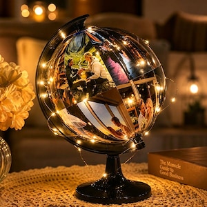 May include: A black globe lamp featuring a collage of printed photographs on its surface, illuminated by a thin string of warm white LED fairy lights wrapped around the sphere. The globe is mounted on a black circular base and stand.