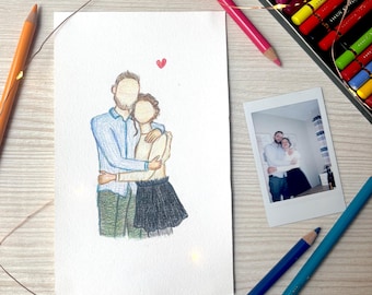 Illustration personnalisable d’après photo(s) – aquarelle ou crayons – cadeau unique + version numérique – couple, famille, animaux..