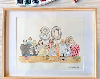 Illustration personnalisée d’après photo(s) – Fait main à l’aquarelle – Groupe, famille, amis, évènement – Version numérique incluse - 24x32